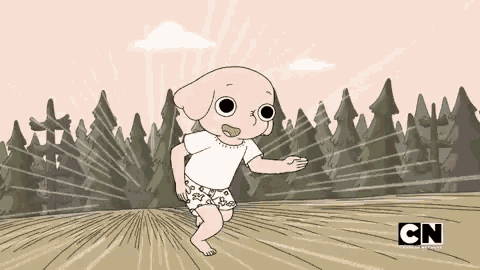 a cartoon character is running in a field with cn written on the bottom