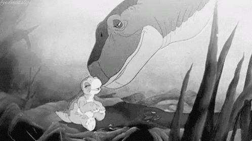 a black and white photo of a dinosaur and a turtle looking at each other in the water .
