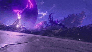 a painting of a landscape with purple and white objects