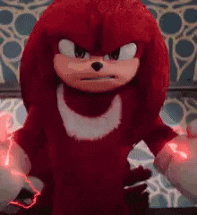 knuckles the echidna from the movie sonic the hedgehog is holding a red lightning bolt .
