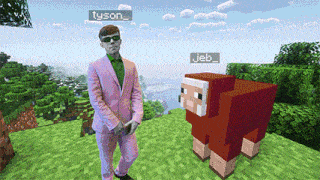 a man in a pink suit is standing next to a red sheep in a minecraft game