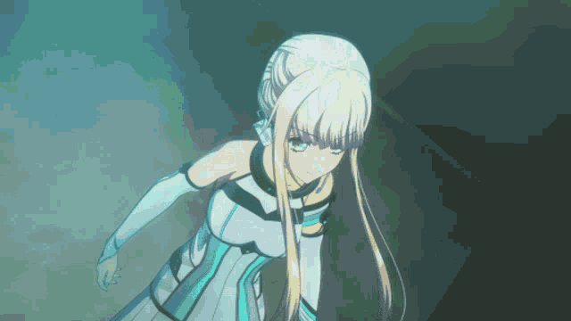 a girl with long blonde hair and white gloves stands in a dark room
