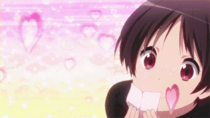 a girl with red eyes is holding a piece of paper with a pink heart in her mouth