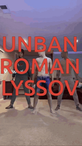a poster for urban roman lysov shows three men dancing in a living room