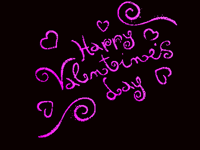a pink valentine 's day greeting with hearts and swirls on a black background