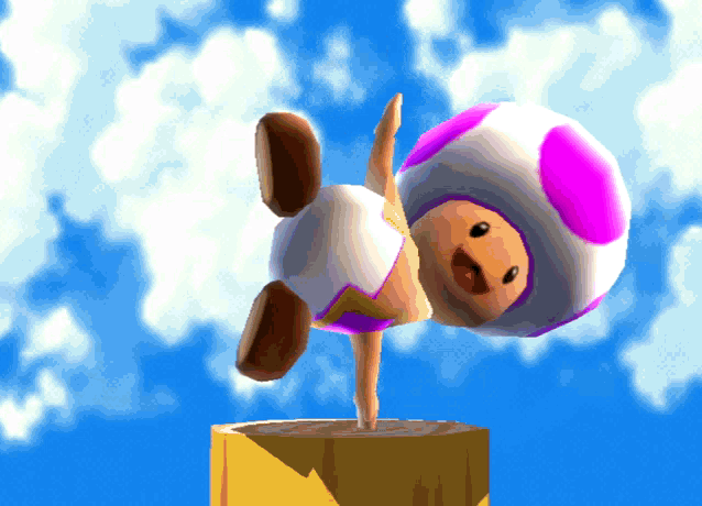 a pink and white toad is doing a handstand