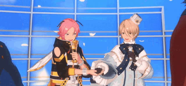 two anime characters are standing next to each other in front of a building .