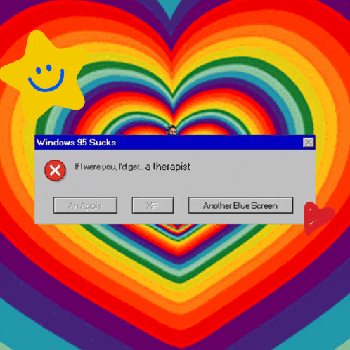 a computer screen with a message that says windows 95 sucks on it