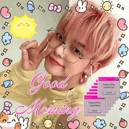 a picture of a boy with pink hair and glasses with the words good morning surrounding him