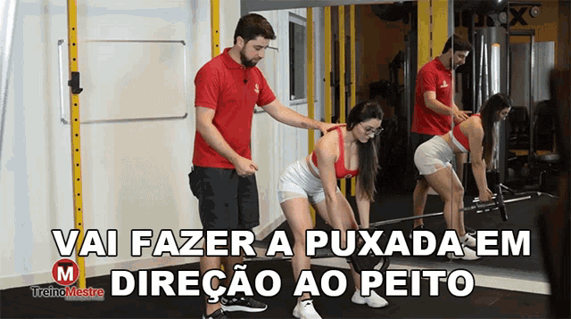 a man in a red shirt is helping a woman lift a barbell with the words vai fazer a puxada