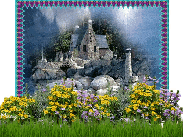 a picture of a lighthouse and a house on a rocky hill