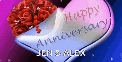 a heart with the words happy anniversary jen & alex written on it
