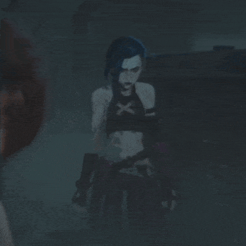 a woman with blue hair has a cross tattoo on her chest