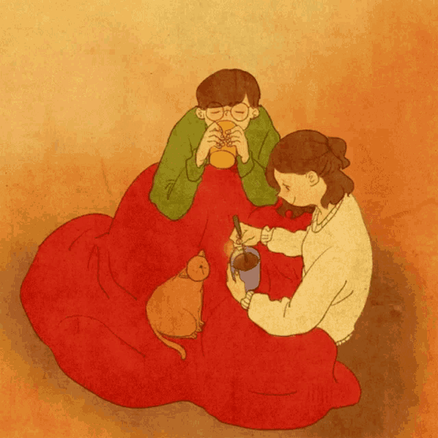 a drawing of a man and woman sitting under a red blanket drinking coffee