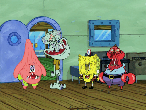 a group of cartoon characters including patrick star and spongebob are standing in a room