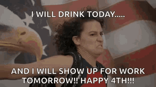 a woman is standing in front of an american flag with a bald eagle on her shoulder .