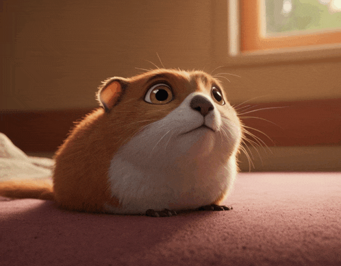 a cartoon mouse is sitting on a pink carpet and looking up at the camera