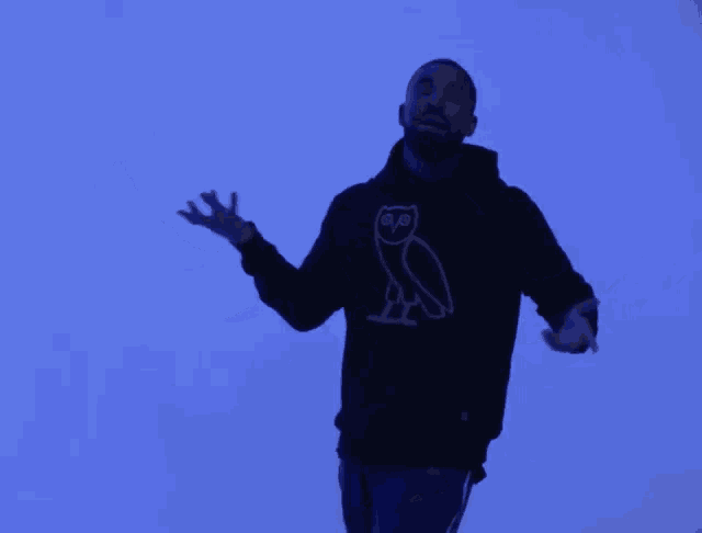 a man wearing a black hoodie with an owl on the front