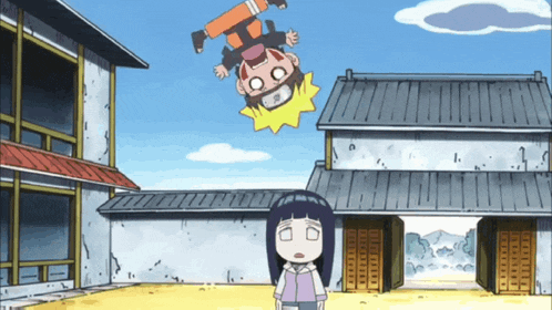 a cartoon of a girl standing in front of a building with a boy flying in the air