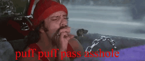 a man smoking a cigarette in a car with the words puff puff pass asshole