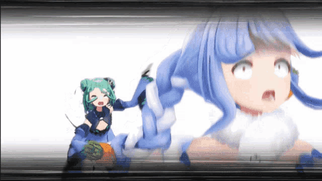 a cartoon of a girl with blue hair and green hair