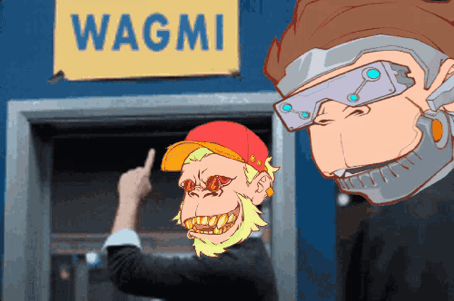 two cartoon characters standing next to a sign that says wagmi