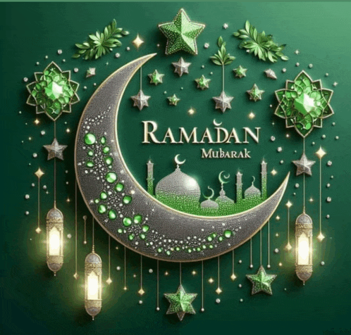 a ramadan mubarak card with a crescent moon and stars