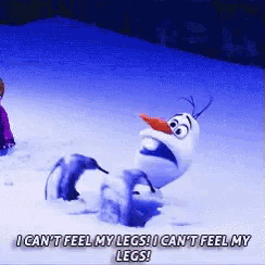 a cartoon character says i can 't feel my legs while laying in the snow