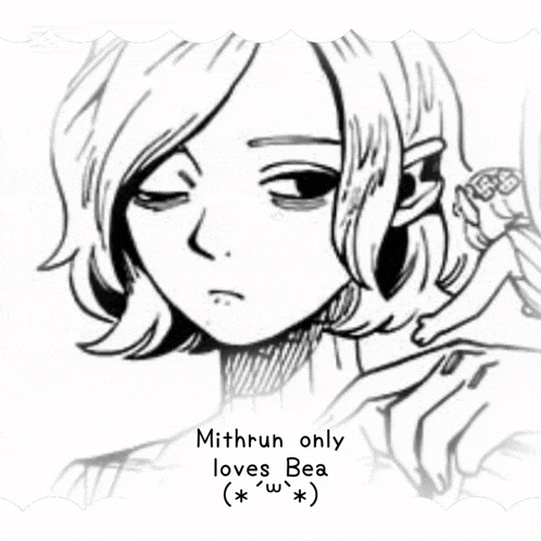 a black and white drawing of a person with the words mithrun only loves bea