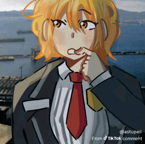 a drawing of a girl in a suit and tie with a caption that says " from tiktok comment "