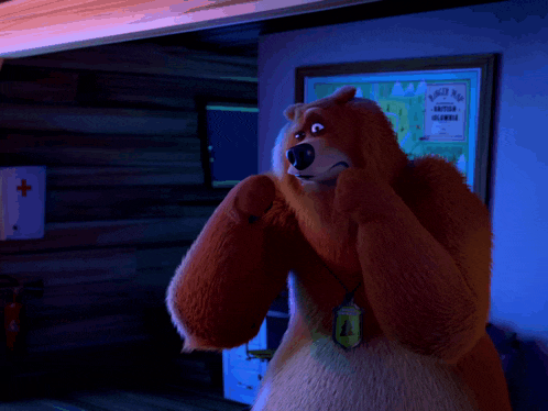 a teddy bear is standing in front of a map that says british islands