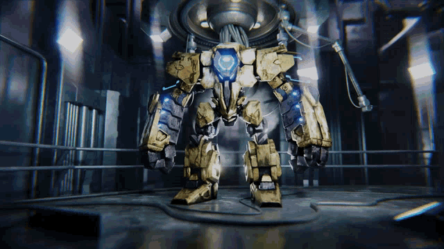 a robot is standing in a dark room and has a blue light on its head