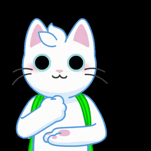 a cartoon of a white cat with a green backpack on his back