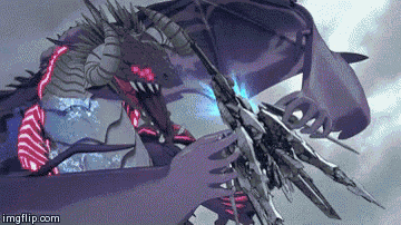 a person is holding a sword in front of a large dragon .
