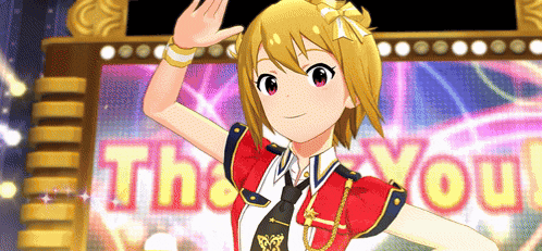 a girl in a red outfit is waving in front of a thank you sign
