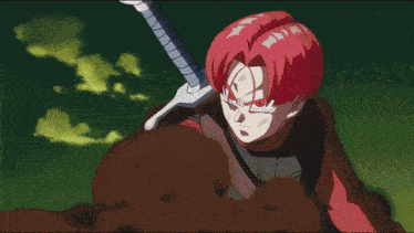 a cartoon character is holding a sword and surrounded by flames