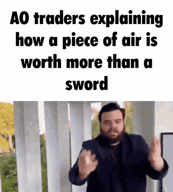 a man in a suit is explaining how a piece of air is worth more than a sword ..