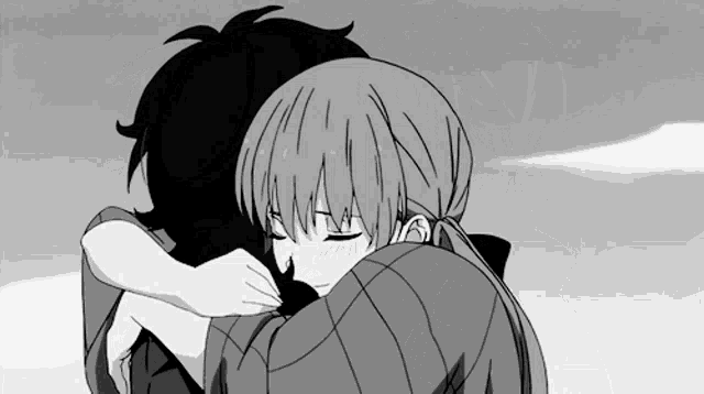 a boy and a girl are hugging each other in a black and white drawing .