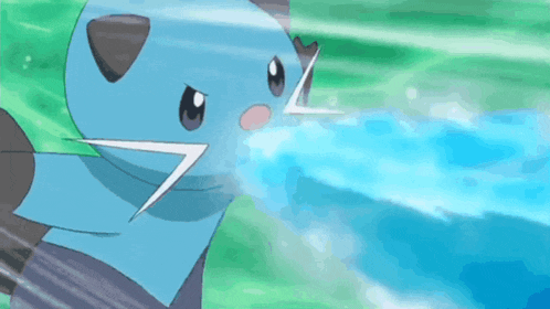 a blue cartoon character is shooting a beam of water