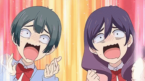 a boy and a girl are making funny faces in a anime .