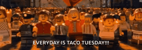 a group of lego figures are walking down a street with the words " everyday is taco tuesday " on the bottom