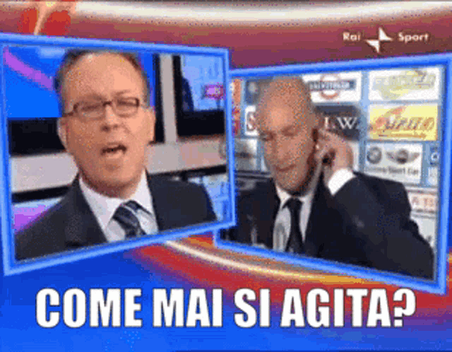 a man in a suit and tie is talking on a cell phone with the words come mai si agita