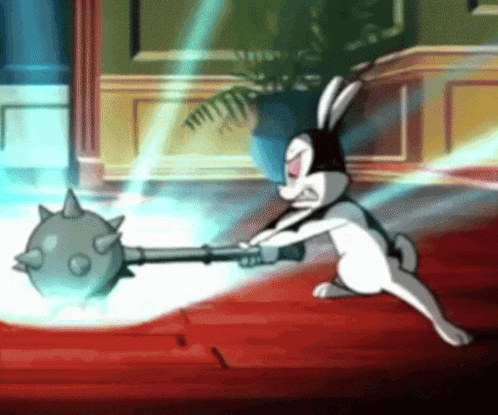 a cartoon rabbit is holding a spiked object in its paws