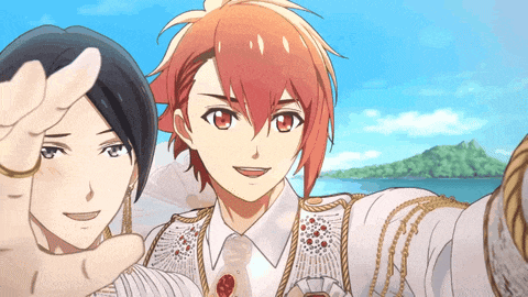 a couple of anime characters taking a selfie with their hands in the air