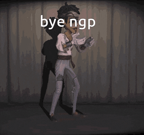 a cartoon character is standing in front of a wall with the words bye ngp written on it