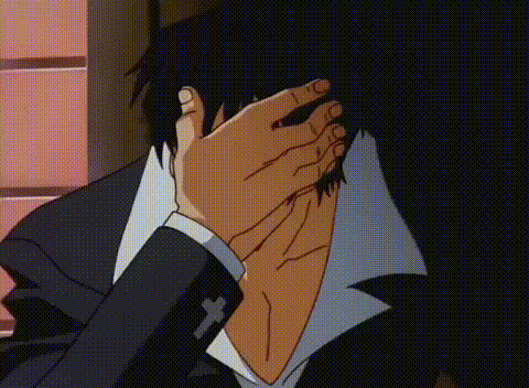 a man in a suit is covering his face with his hands in a cartoon .