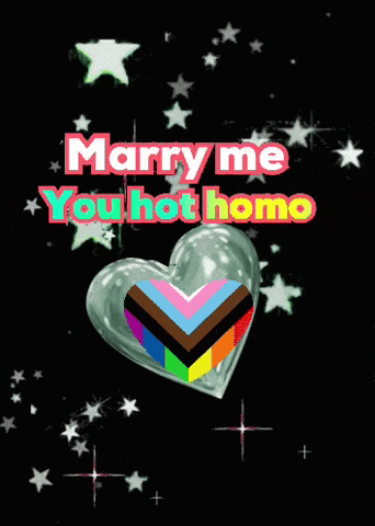 a rainbow heart with the words marry me you hot homo on it