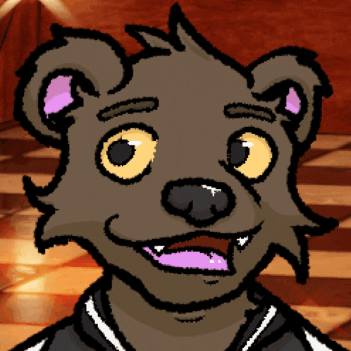 a cartoon drawing of a bear with a purple ear