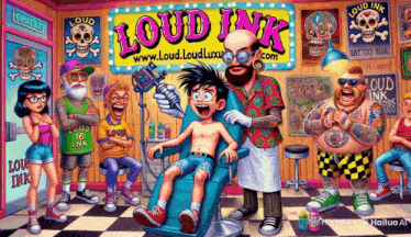 a cartoon of a boy getting a tattoo at the loud ink tattoo shop