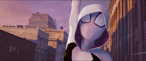 a cartoon character with a hood on stands in front of a cityscape